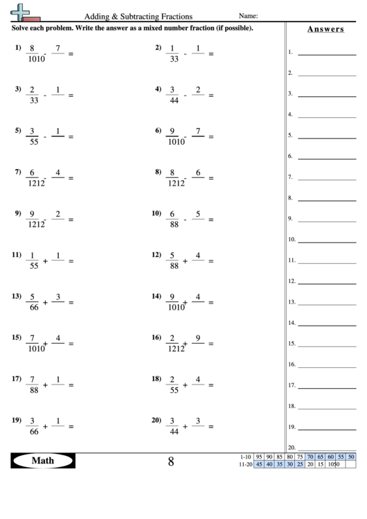 adding subtracting fractions worksheet with answer key printable pdf
