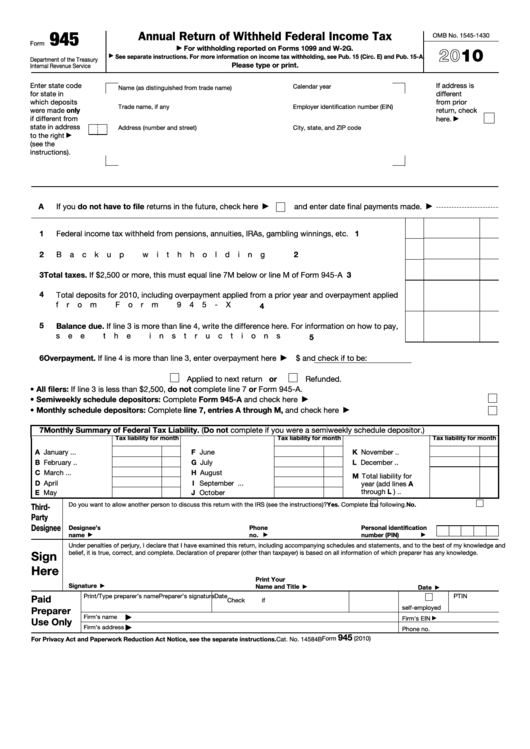 Fillable Form 945 - Annual Return Of Withheld Federal Income Tax - 2010 Printable pdf