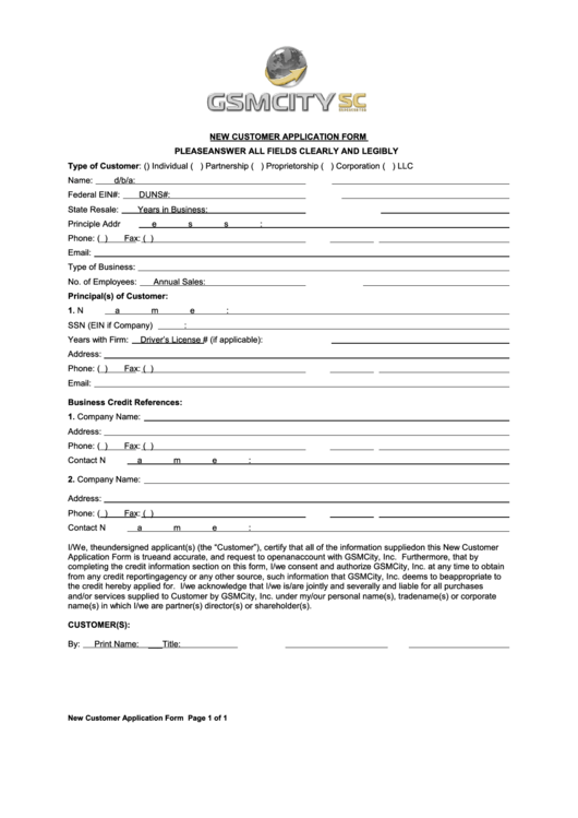 New Customer Application Form Printable pdf