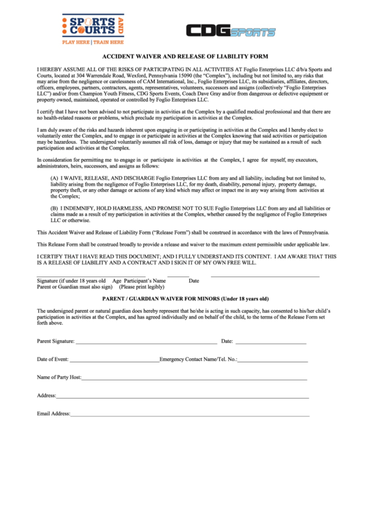 Sports And Courts Waiver Form Printable pdf