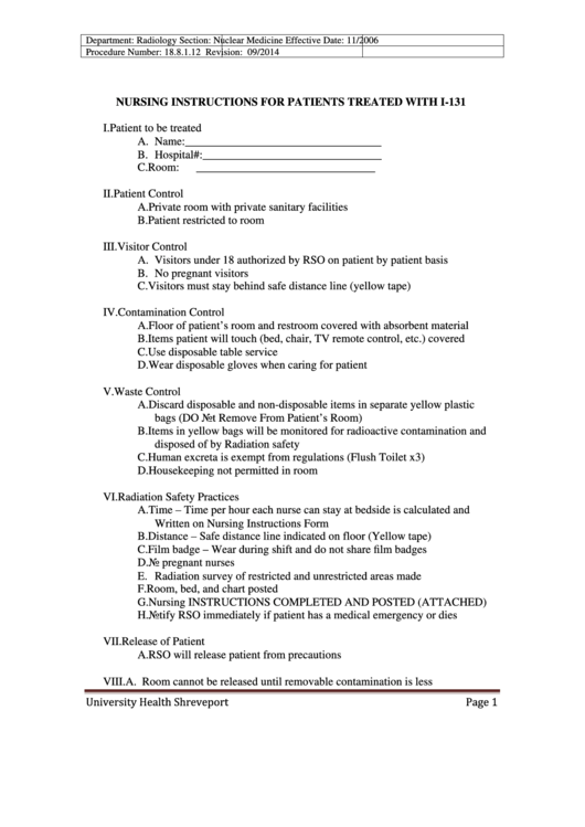 Nursing Instructions For Patients Treated With I-131 Printable pdf