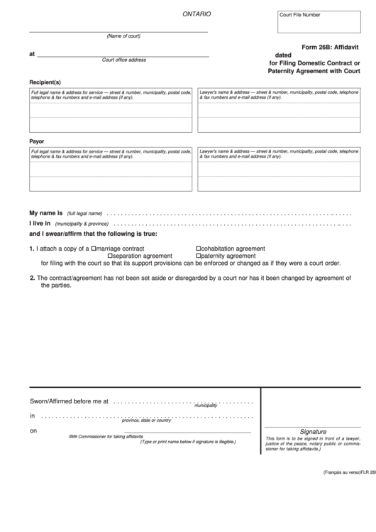Form 26b Affidavit For Filing Domestic Contract Printable pdf