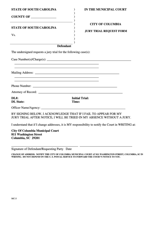 Jury Trial Request Form - The City Of Columbia Printable pdf
