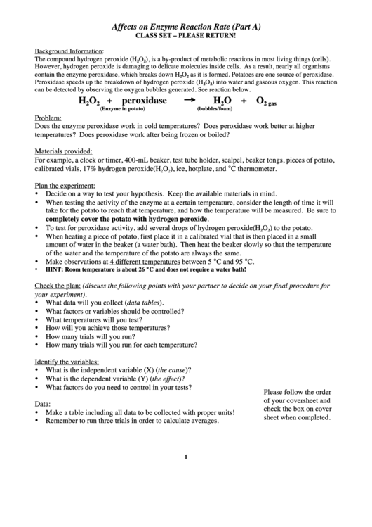 Science Lab Template Affects On Enzyme Reaction Rate (Part A) Printable pdf