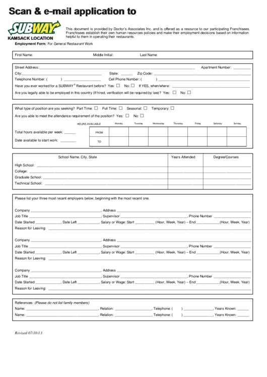 Printable Job Application Forms For Subway Printable Forms Free Online 0032