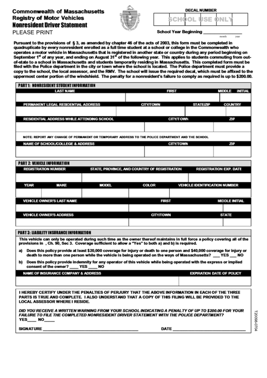 Nonresident Driver Statement Printable pdf