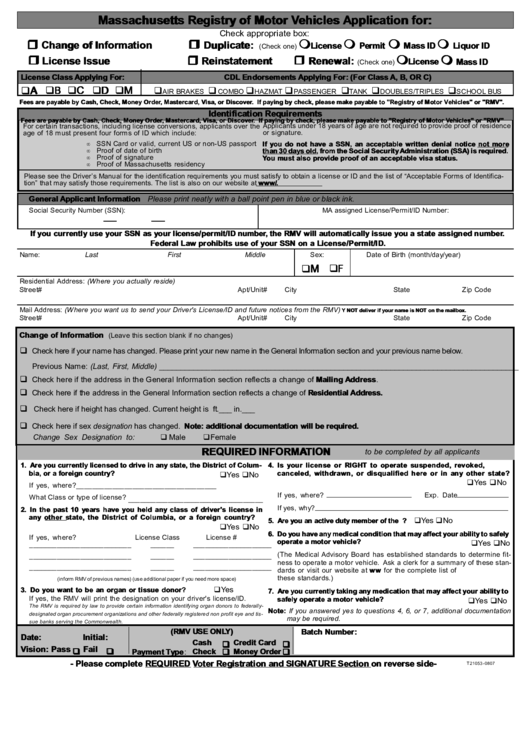 Massachusetts Registry Of Motor Vehicles Application Form Printable pdf