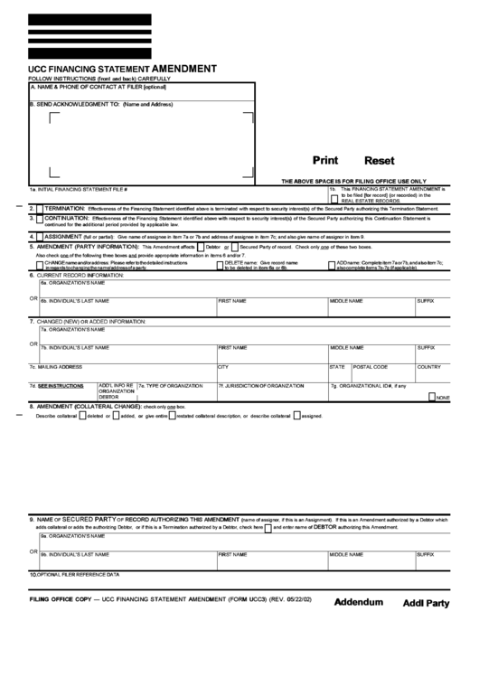 Fillable Form Ucc3 - Ucc Financing Statement Amendment, Addendum Printable pdf