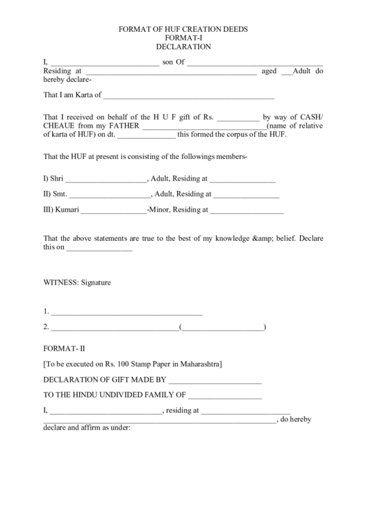 Format Of Huf Creation Deeds Format-I Declaration Printable pdf