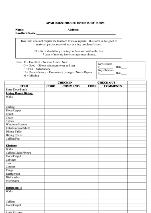 Apartment/house Inventory Form Printable pdf