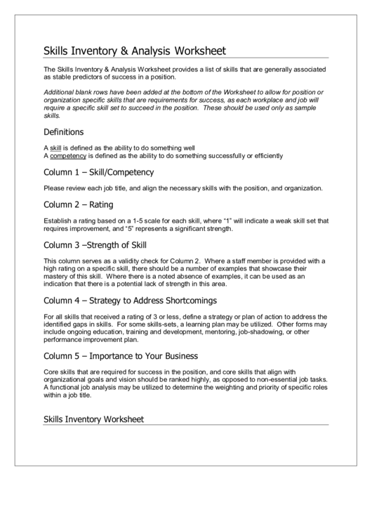 Skills Inventory & Analysis Worksheet Printable pdf
