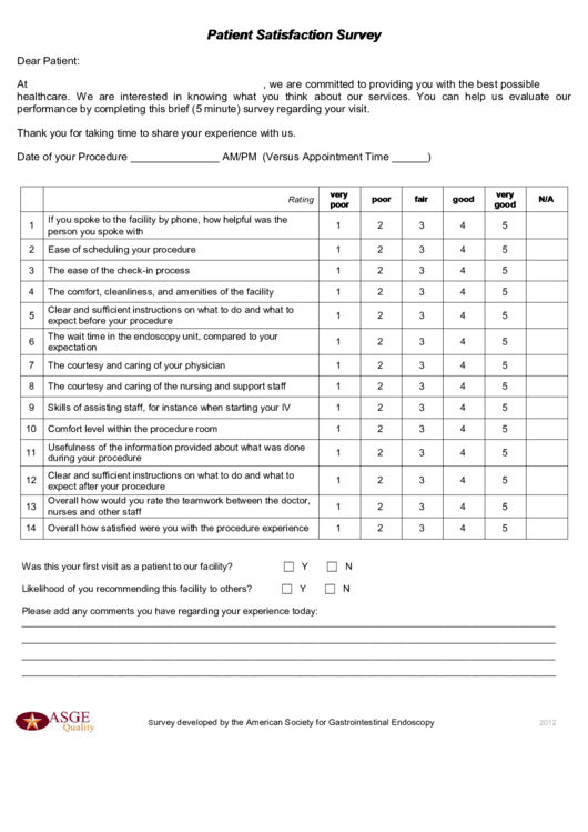 Fillable Asge Patient Satisfaction Survey Printable pdf