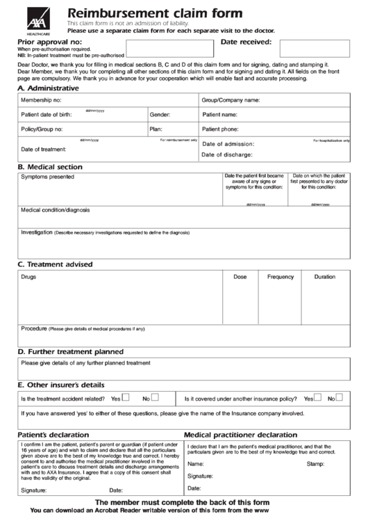Fillable Axa Reimbursement Claim Form Printable pdf
