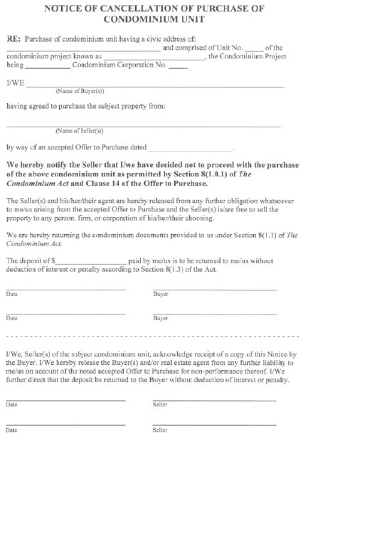 Notice Of Cancellation Of Purchase Of Condominium Unit Printable pdf