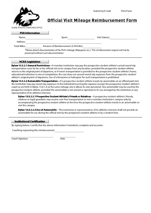 Fillable Huskie Athletic Compliance Office Official Visit Mileage Reimbursement Form Printable pdf