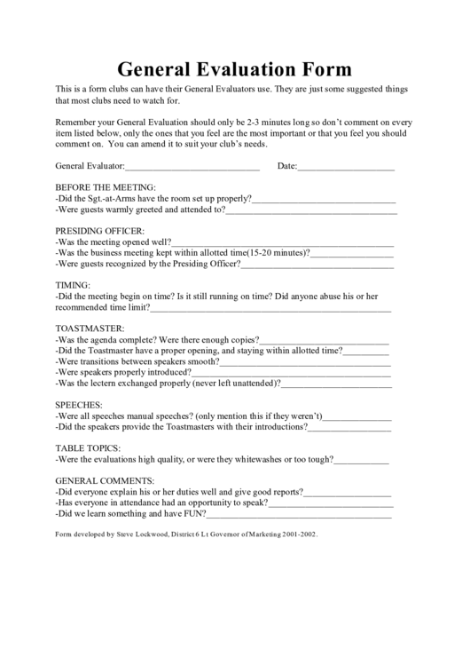 General Evaluation Form Printable pdf