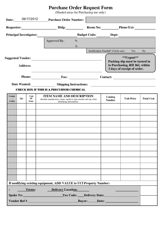 Fillable Purchase Order Request Form Printable pdf
