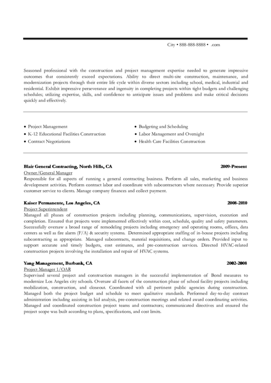 Construction Resume Printable pdf