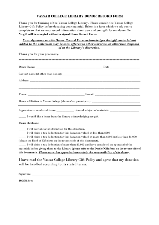 Vassar College Library Donor Record Form