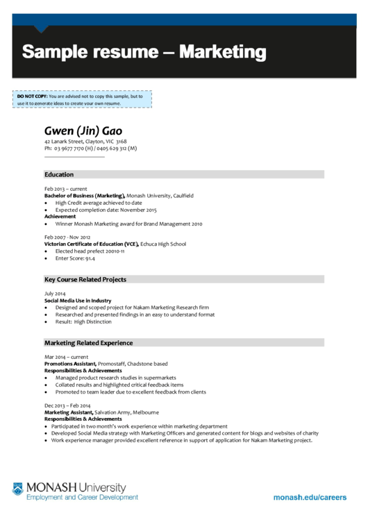 Sample Resume - Marketing Printable pdf