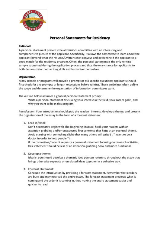 Rocky Vista University Personal Statements For Residency Printable pdf