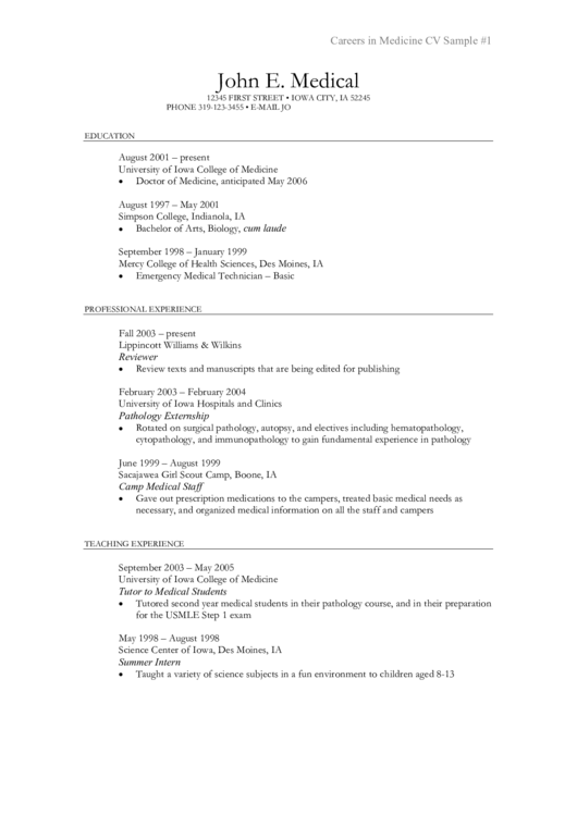 Careers In Medicine Cv Sample Printable pdf