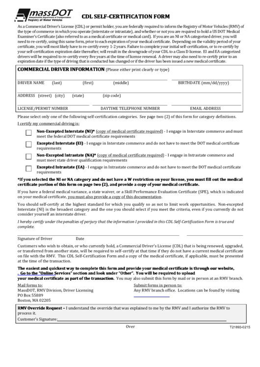 Fillable Massdot Cdl Self Certification Form Printable Pdf Download