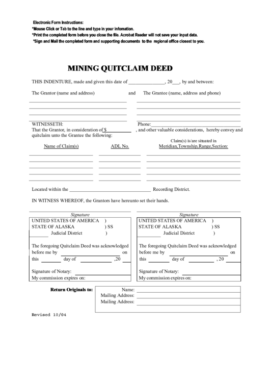 Fillable Mining Quitclaim Deed Printable pdf