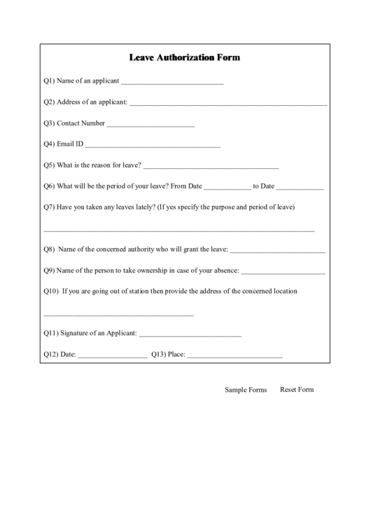 Fillable Leave Authorization Form Printable pdf