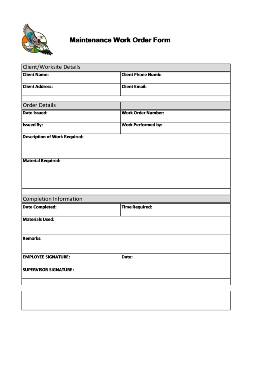 Maintenance Work Order Form Printable pdf