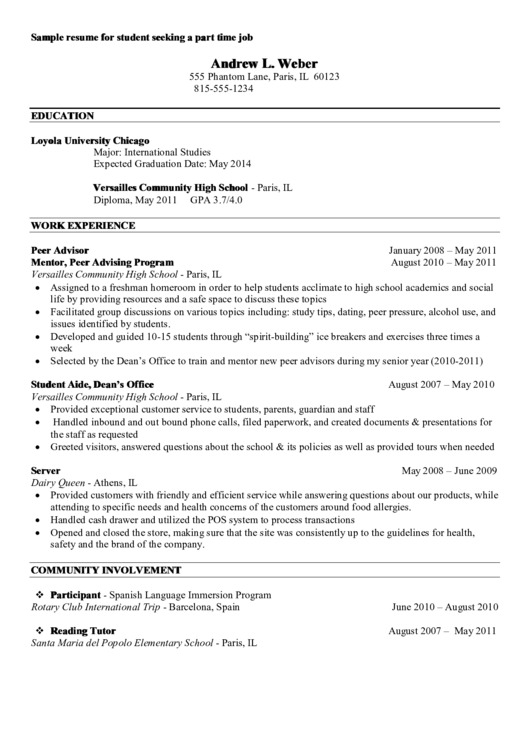 Sample Resume For Student Seeking A Part Time Job Printable pdf