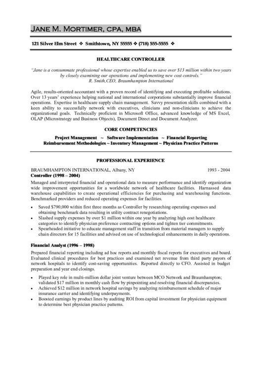 Healthcare Controller Resume Printable pdf