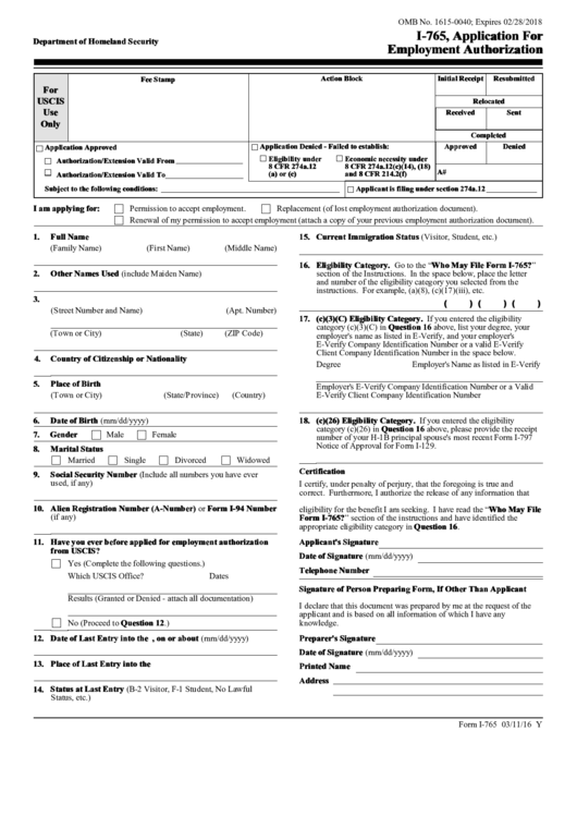Uscis Form I-765 - Application For Employment Authorization