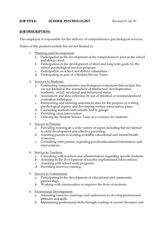 School Psychologist Job Description Printable pdf