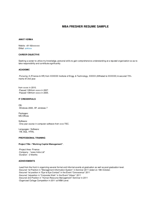 Mba Fresher Resume Sample Printable pdf