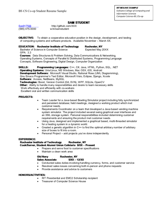 resume samples for co op students