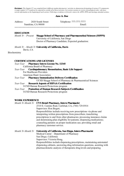 Intern Pharmacist Resume Template Printable pdf