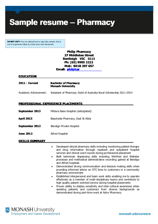 Sample Resume - Pharmacy Printable pdf