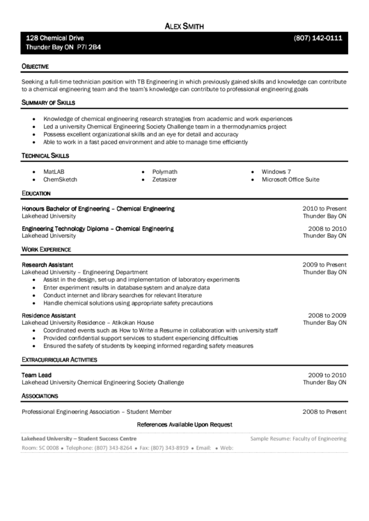Sample Resume - Technician Position