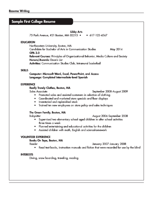 Sample First College Resume