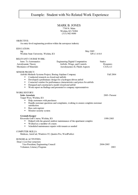 Example: Student With No Related Work Experience Printable pdf