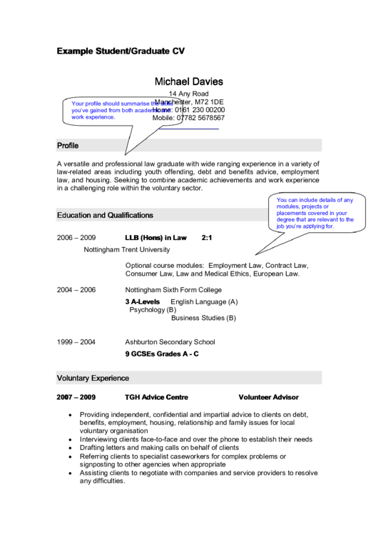 Example Student/graduate Cv Printable pdf