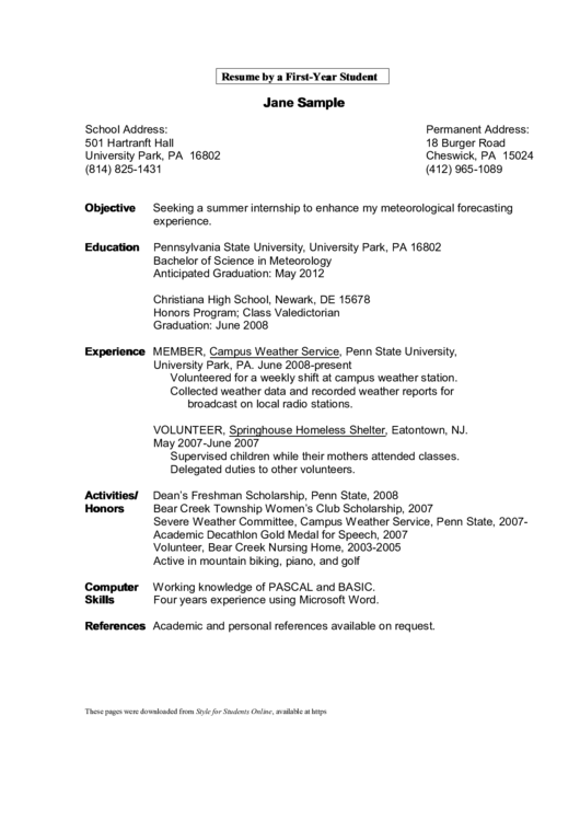 Resume By A First-Year Student Printable pdf