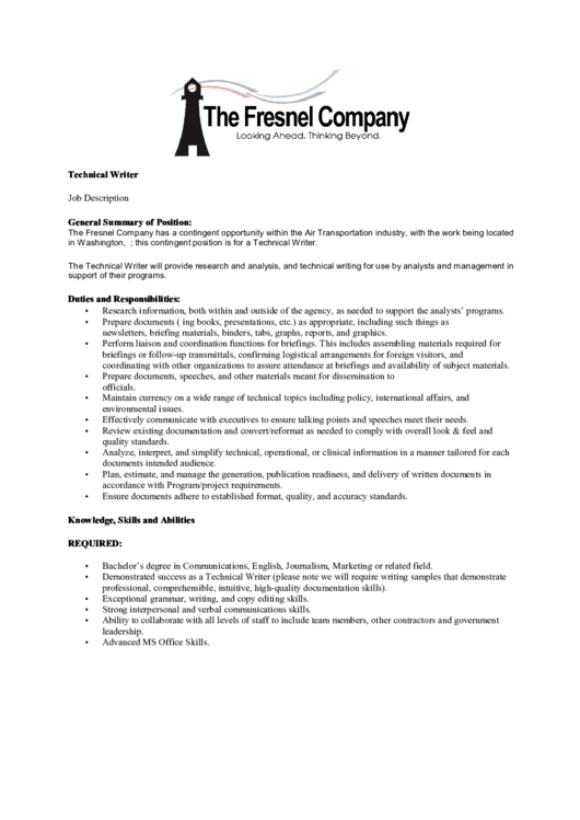 The Freshel Company Technical Writer Job Description Printable pdf