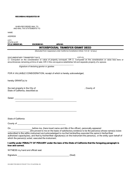 Interspousal Transfer Grant Deed Form - State Of California Printable pdf