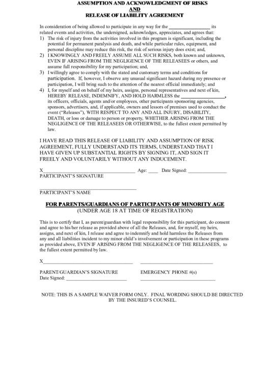 Release Of Liability Agreement Printable pdf