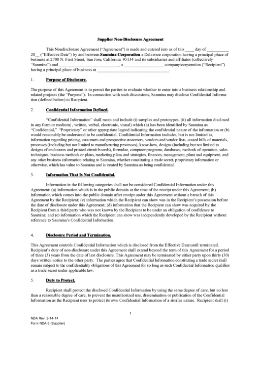 Supplier Non-Disclosure Agreement Template Printable pdf