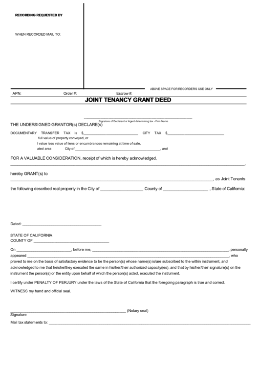 Fillable Joint Tenancy Grant Deed Form - State Of California Printable pdf