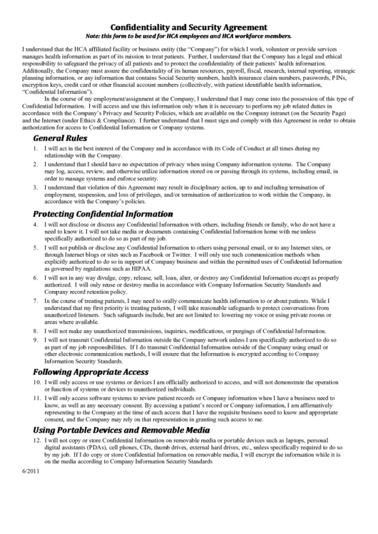 Hca Confidentiality And Security Agreement Template Printable pdf