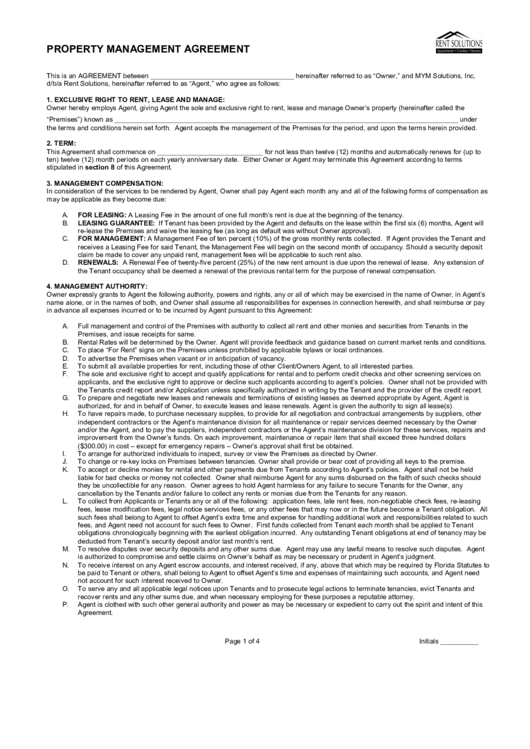 Rent Solutions Property Management Agreement Printable pdf